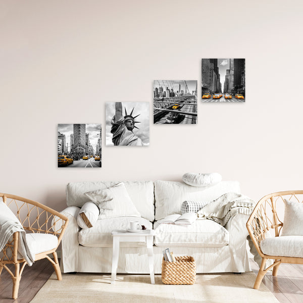 Quadri Stampa su Tela con Telaio in Legno 4 pezzi New York in bianco e nero