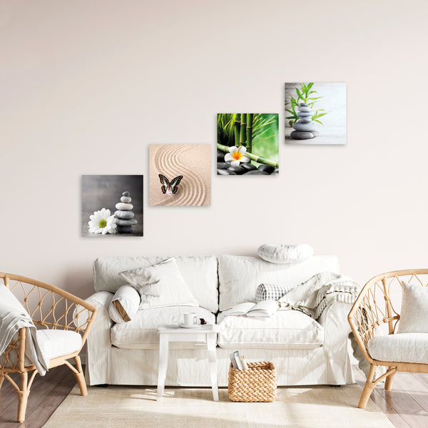 Quadri Stampa su Tela con Telaio in Legno 4 pezzi Giardino Zen con pietre