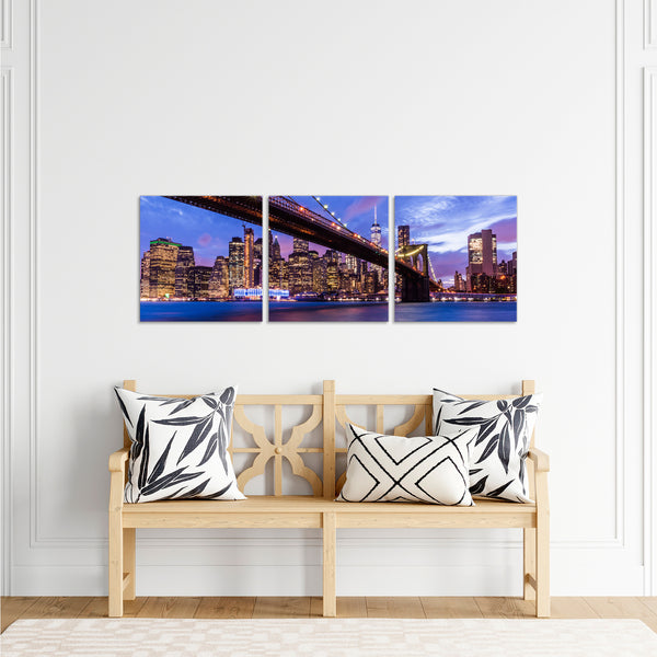Quadri Stampa su Tela con Telaio in Legno 3 pezzi Spezie colorate per cucina Panorama Skyline New York Ponte di Brooklyn