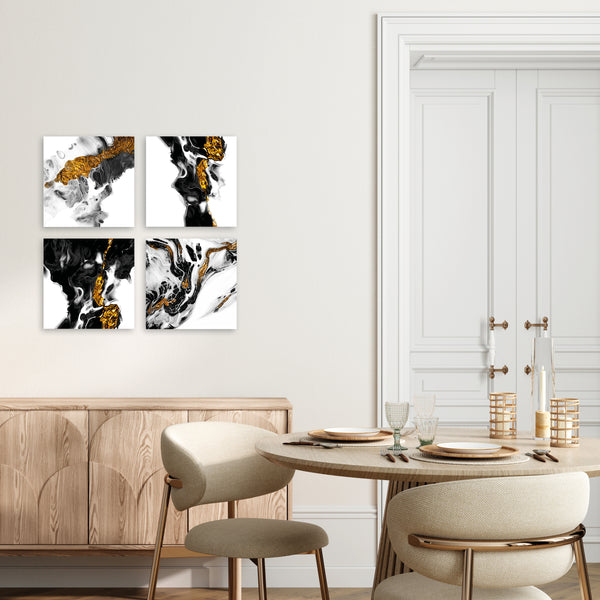 Quadri Stampa su Tela con Telaio in Legno 4 pezzi Astratto bianco nero e oro