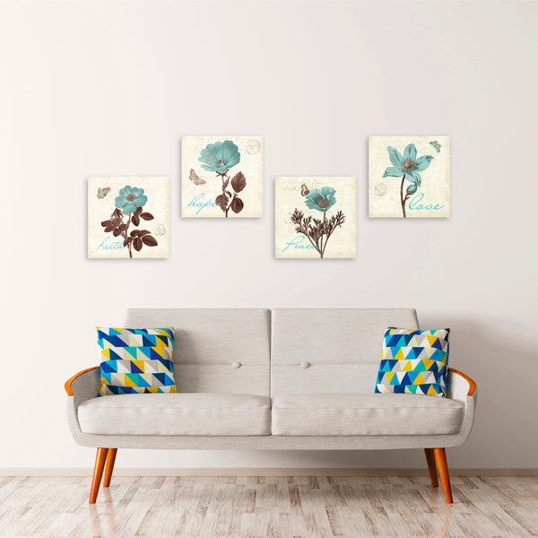 Quadri Stampa su Tela con Telaio in Legno 4 pezzi Fiori con frasi: Love, Peace, Faith, Hope