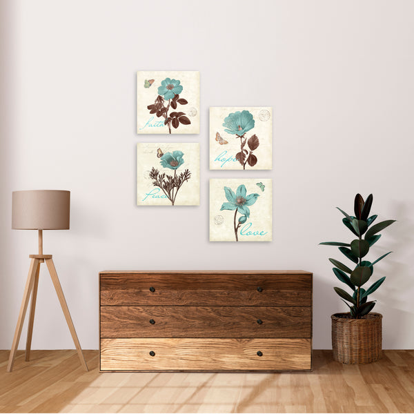 Quadri Stampa su Tela con Telaio in Legno 4 pezzi Fiori con frasi: Love, Peace, Faith, Hope
