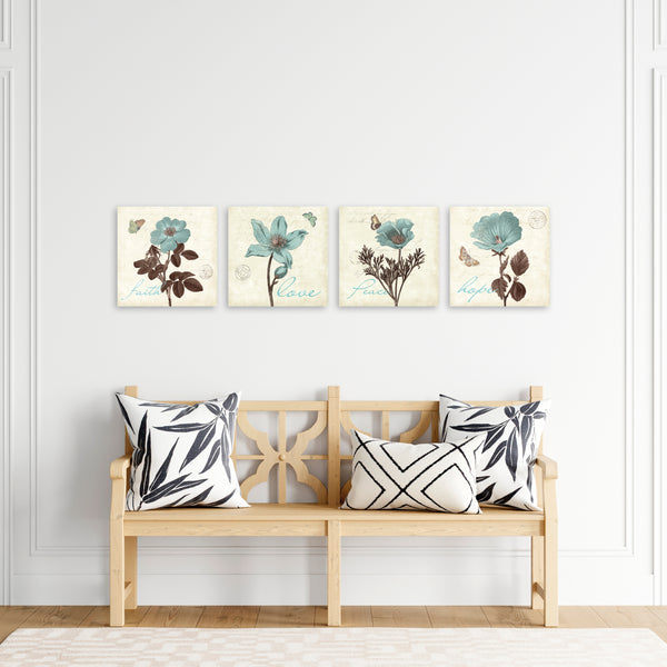 Quadri Stampa su Tela con Telaio in Legno 4 pezzi Fiori con frasi: Love, Peace, Faith, Hope
