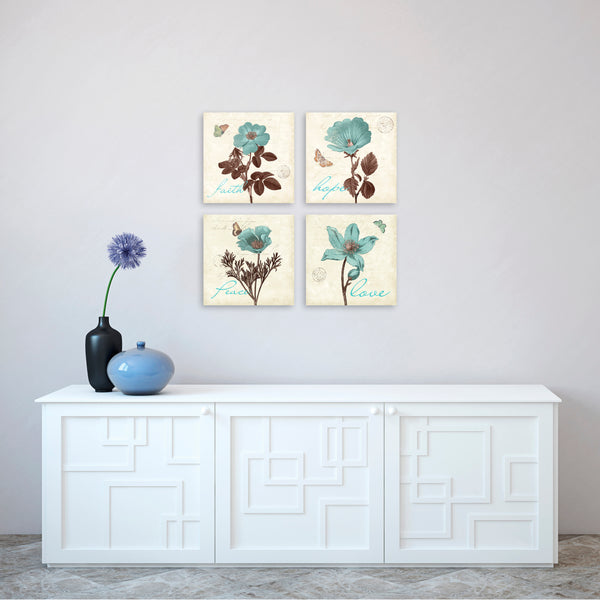 Quadri Stampa su Tela con Telaio in Legno 4 pezzi Fiori con frasi: Love, Peace, Faith, Hope