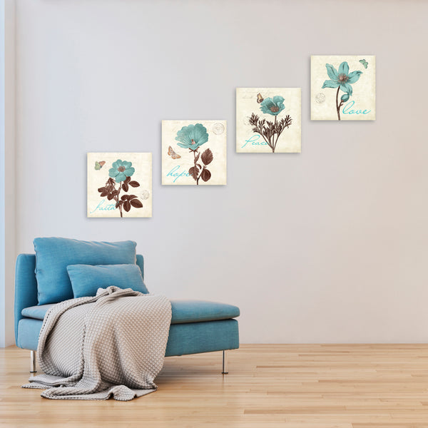 Quadri Stampa su Tela con Telaio in Legno 4 pezzi Fiori con frasi: Love, Peace, Faith, Hope