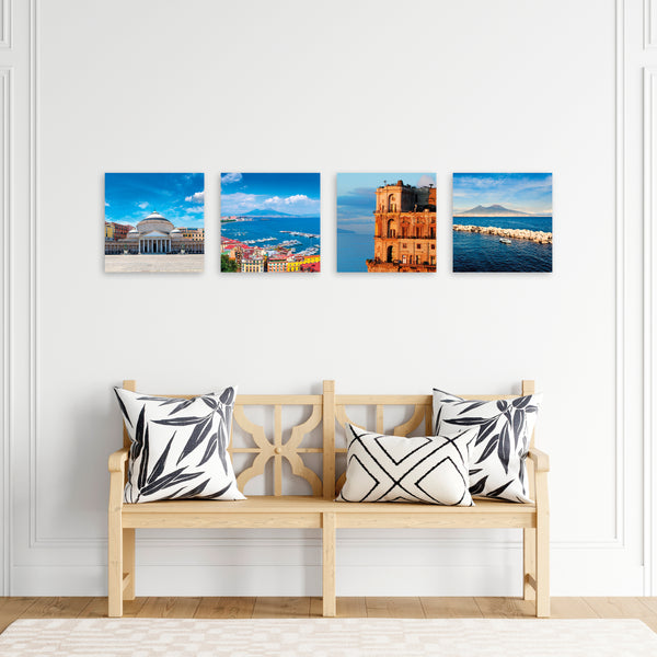 Quadri Stampa su Tela con Telaio in Legno 4 pezzi Panorama Napoli Vesuvio