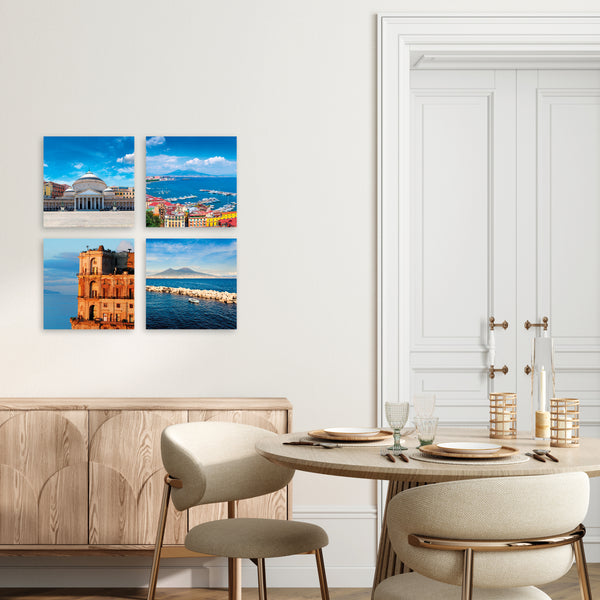 Quadri Stampa su Tela con Telaio in Legno 4 pezzi Panorama Napoli Vesuvio