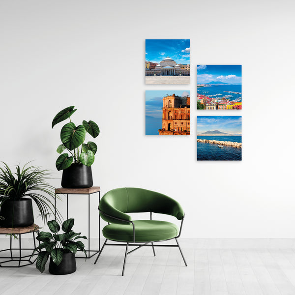 Quadri Stampa su Tela con Telaio in Legno 4 pezzi Panorama Napoli Vesuvio