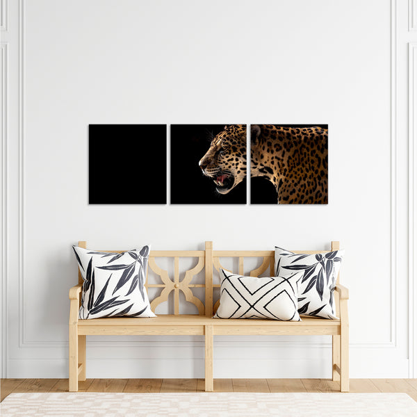 Quadri Stampa su Tela con Telaio in Legno 3 pezzi Leopardo su sfondo nero