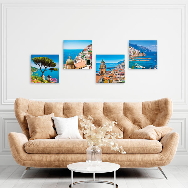 Quadri Stampa su Tela con Telaio in Legno 4 pezzi Panorama Costiera Amalfitana, Ravello, Positano