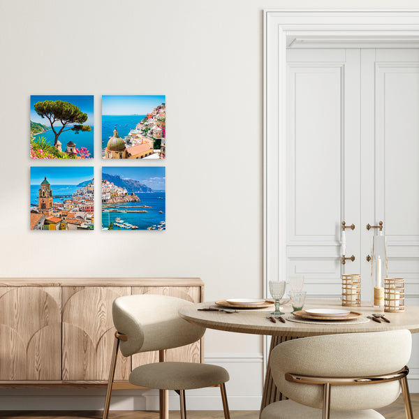 Quadri Stampa su Tela con Telaio in Legno 4 pezzi Panorama Costiera Amalfitana, Ravello, Positano