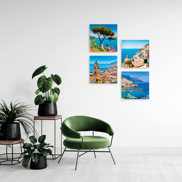 Quadri Stampa su Tela con Telaio in Legno 4 pezzi Panorama Costiera Amalfitana, Ravello, Positano
