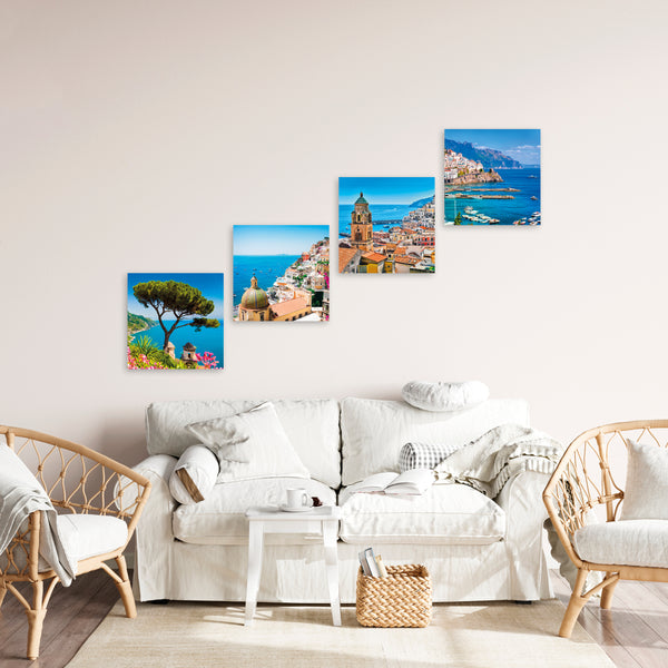 Quadri Stampa su Tela con Telaio in Legno 4 pezzi Panorama Costiera Amalfitana, Ravello, Positano