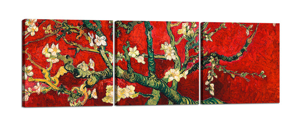 Quadri Stampa su Tela con Telaio in Legno 3 pezzi Van Gogh Mandorlo in fiore rosso