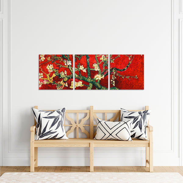 Quadri Stampa su Tela con Telaio in Legno 3 pezzi Van Gogh Mandorlo in fiore rosso