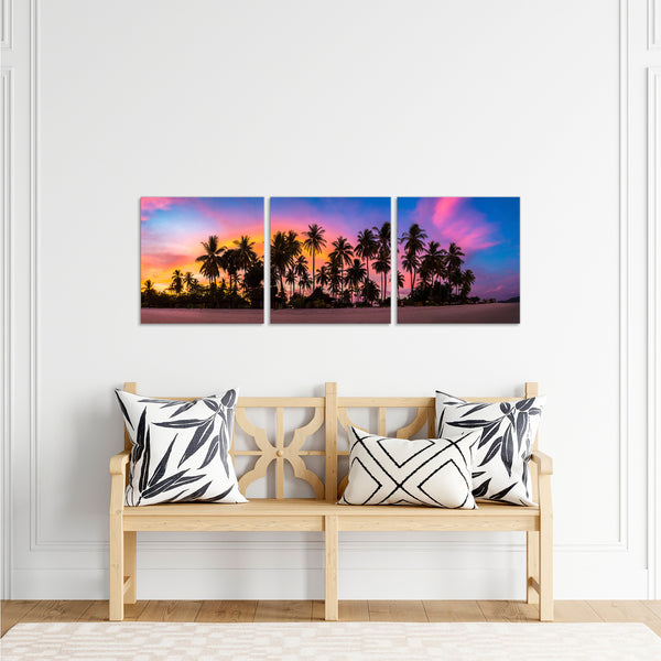 Quadri Stampa su Tela con Telaio in Legno 3 pezzi Tramonto con palme