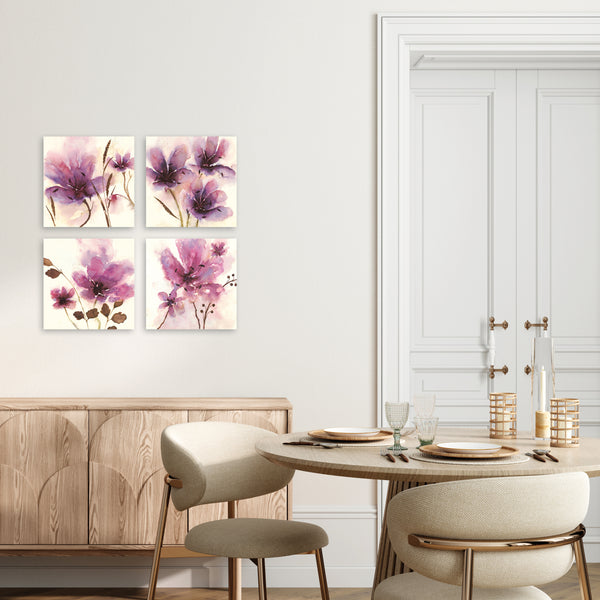 Quadri Stampa su Tela con Telaio in Legno 4 pezzi Fiori astratti rosa
