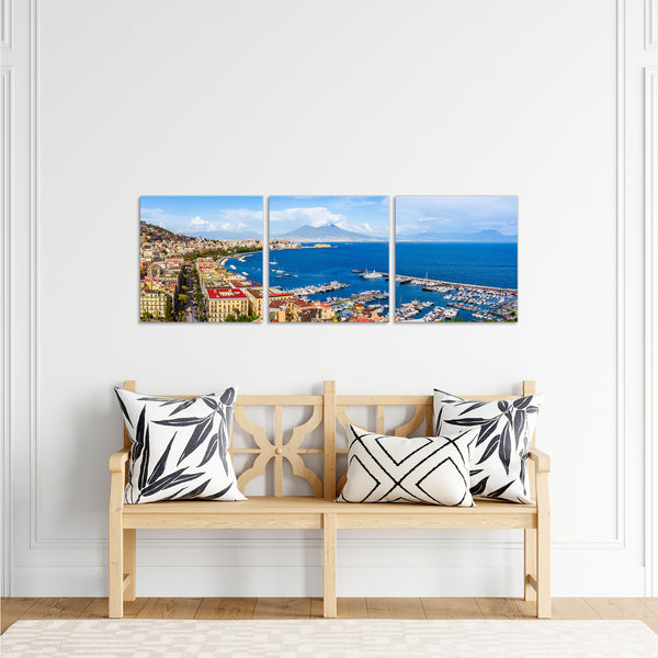 Quadri Stampa su Tela con Telaio in Legno 3 pezzi Panorama Napoli Vesuvio
