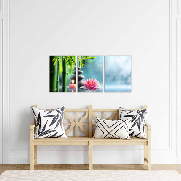 Quadri Stampa su Tela con Telaio in Legno 3 pezzi Giardino Zen con pietre e fiori