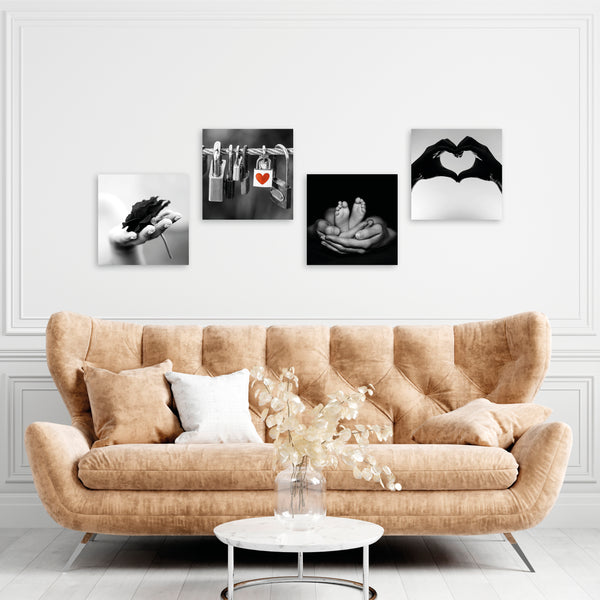 Quadri Stampa su Tela con Telaio in Legno 4 pezzi Tema love in bianco e nero