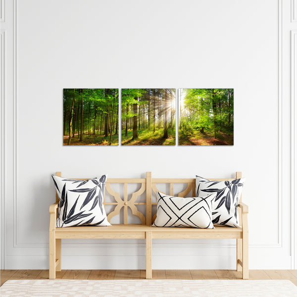 Quadri Stampa su Tela con Telaio in Legno 3 pezzi Panorama Bosco di alberi