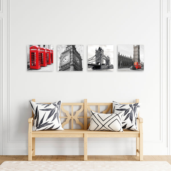 Quadri Stampa su Tela con Telaio in Legno 4 pezzi Londra, Big Ben, Westminster, Telephone in bianco e nero