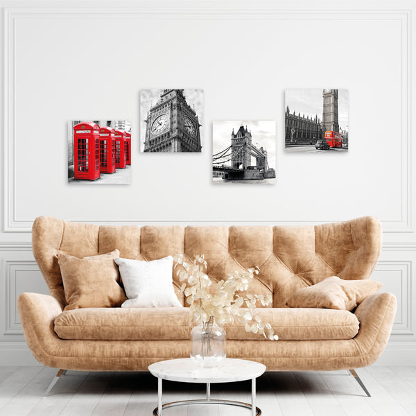 Quadri Stampa su Tela con Telaio in Legno 4 pezzi Londra, Big Ben, Westminster, Telephone in bianco e nero