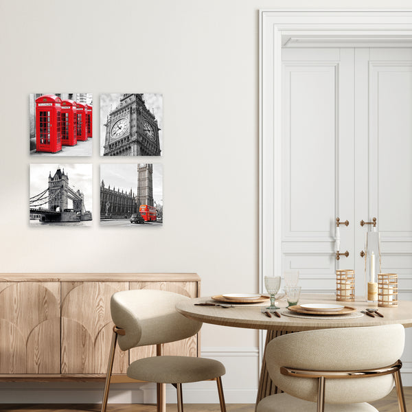 Quadri Stampa su Tela con Telaio in Legno 4 pezzi Londra, Big Ben, Westminster, Telephone in bianco e nero