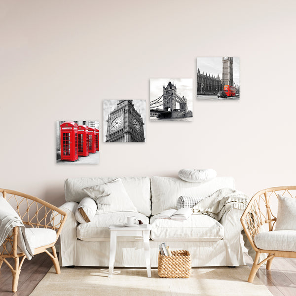 Quadri Stampa su Tela con Telaio in Legno 4 pezzi Londra, Big Ben, Westminster, Telephone in bianco e nero