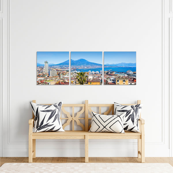 Quadri Stampa su Tela con Telaio in Legno 3 pezzi Panorama Napoli Vesuvio