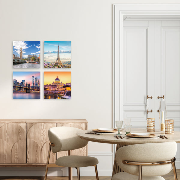 Quadri Stampa su Tela con Telaio in Legno 4 pezzi Parigi, Londra, Roma, New York