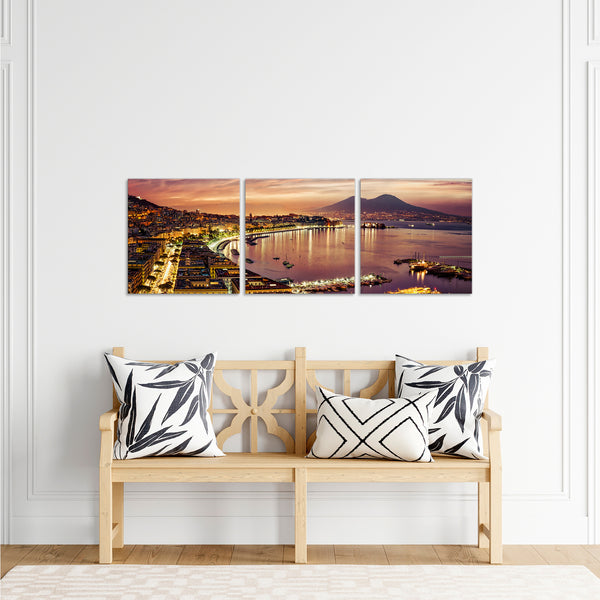 Quadri Stampa su Tela con Telaio in Legno 3 pezzi Panorama Napoli Vesuvio al tramonto