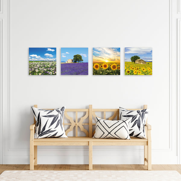 Quadri Stampa su Tela con Telaio in Legno 4 pezzi Campi di fiori, Girasoli, Margherite, Lavanda