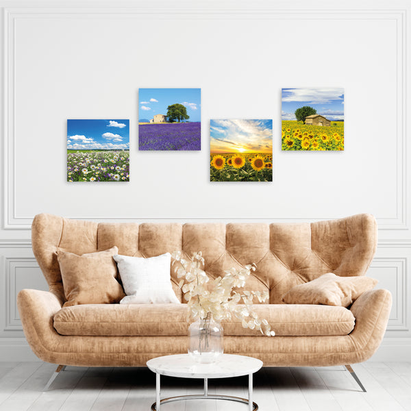 Quadri Stampa su Tela con Telaio in Legno 4 pezzi Campi di fiori, Girasoli, Margherite, Lavanda