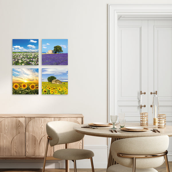 Quadri Stampa su Tela con Telaio in Legno 4 pezzi Campi di fiori, Girasoli, Margherite, Lavanda