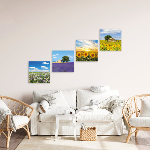 Quadri Stampa su Tela con Telaio in Legno 4 pezzi Campi di fiori, Girasoli, Margherite, Lavanda