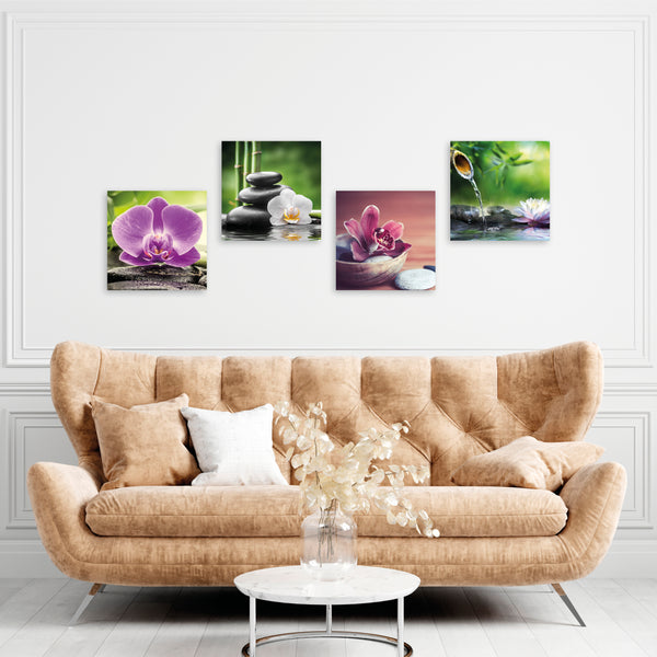 Quadri Stampa su Tela con Telaio in Legno 4 pezzi Giardino Zen con fiori e pietre