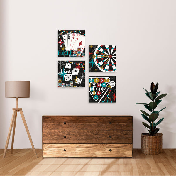 Quadri Stampa su Tela con Telaio in Legno 4 pezzi Vintage Arcade, Poker, Roulette