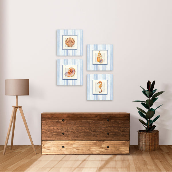Quadri Stampa su Tela con Telaio in Legno 4 pezzi Stile marino, conchiglie