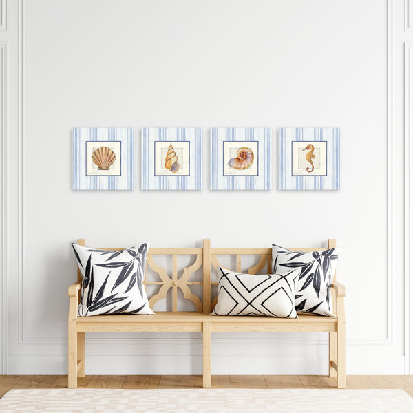 Quadri Stampa su Tela con Telaio in Legno 4 pezzi Stile marino, conchiglie