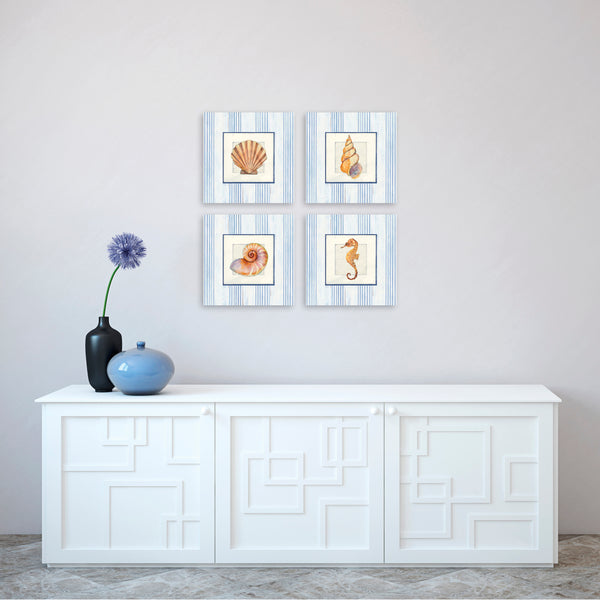 Quadri Stampa su Tela con Telaio in Legno 4 pezzi Stile marino, conchiglie
