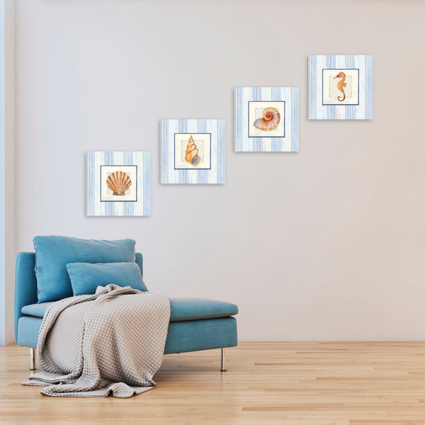 Quadri Stampa su Tela con Telaio in Legno 4 pezzi Stile marino, conchiglie