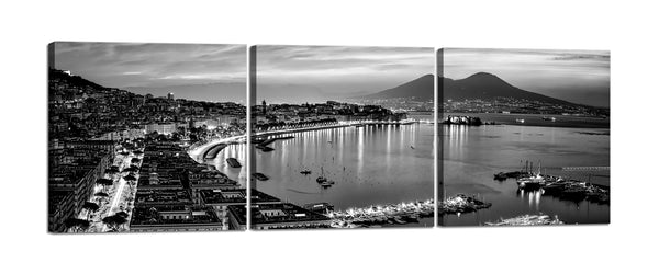 Quadri Stampa su Tela con Telaio in Legno 3 pezzi Panorama Napoli Vesuvio in bianco e nero