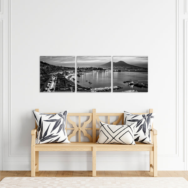 Quadri Stampa su Tela con Telaio in Legno 3 pezzi Panorama Napoli Vesuvio in bianco e nero