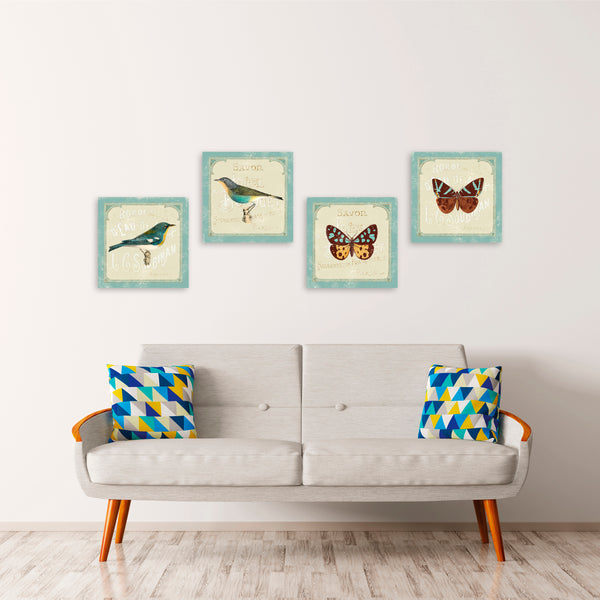 Quadri Stampa su Tela con Telaio in Legno 4 pezzi Uccelli stile shabby chic
