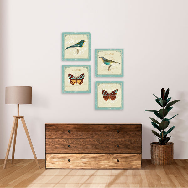 Quadri Stampa su Tela con Telaio in Legno 4 pezzi Uccelli stile shabby chic