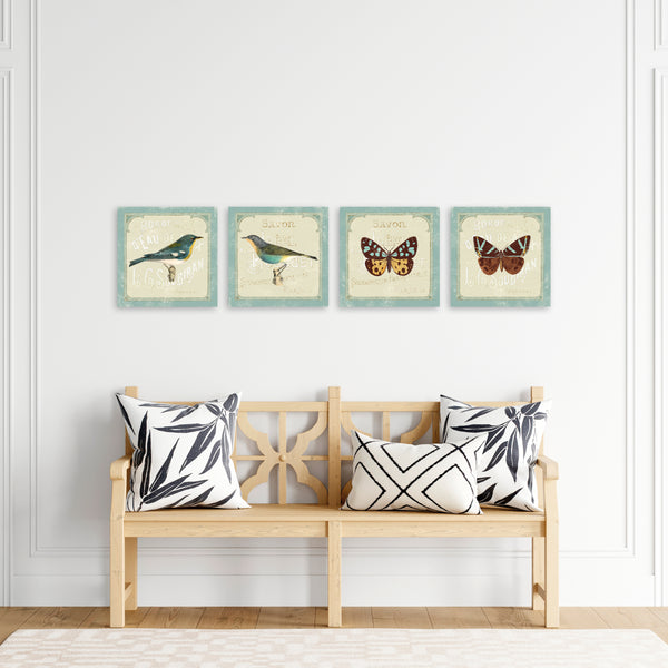 Quadri Stampa su Tela con Telaio in Legno 4 pezzi Uccelli stile shabby chic