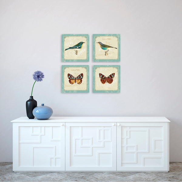 Quadri Stampa su Tela con Telaio in Legno 4 pezzi Uccelli stile shabby chic