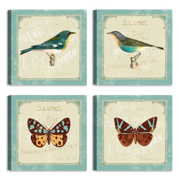 Quadri Stampa su Tela con Telaio in Legno 4 pezzi Uccelli stile shabby chic