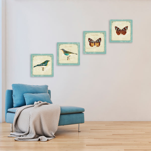 Quadri Stampa su Tela con Telaio in Legno 4 pezzi Uccelli stile shabby chic